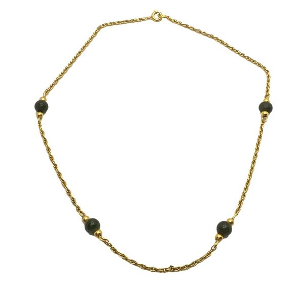 Choker Necklace Gold Tone Chain Green Stone Beads 15 Inch Length - Picture 4 of 5
